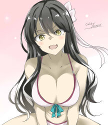 Rule 34 | 1girl, artist name, bikini, blush, breasts, cleavage, collarbone, dated, gakky, gradient background, hair between eyes, hair ribbon, highres, kantai collection, large breasts, long hair, looking at viewer, naganami (kancolle), navel, open mouth, pink background, ribbon, signature, smile, solo, spread legs, swimsuit, teeth, upper teeth only, white bikini