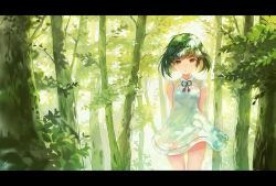 Rule 34 | 1girl, blush, closed mouth, green hair, letterboxed, looking at viewer, orange eyes, original, short hair, sibyl, smile, solo, tree