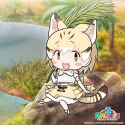 Rule 34 | 1girl, animal ears, blonde hair, bow, bowtie, cat ears, cat girl, cat tail, chinese text, copyright name, elbow gloves, extra ears, fang, gloves, highres, kemono friends, kemono friends 3, kurokw (style), looking at viewer, nature, official art, open mouth, outdoors, sand cat (kemono friends), shirt, shoes, short hair, skirt, sleeveless, sleeveless shirt, solo, tail, yellow eyes