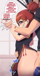 Rule 34 | 1boy, 1girl, angry, black shirt, blue eyes, breasts, bunalonne, china dress, chinese clothes, curvy, dress, english text, freckles, from side, glasses, hair bun, original, penis, red hair, shirt, small breasts, tagme, thick thighs, thigh sex, thighs, uncensored, watermark, yari stelood (bunalonne)