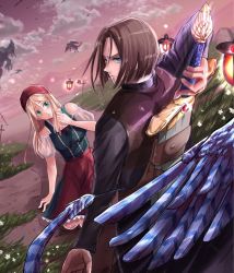 Rule 34 | 1boy, 1girl, arm behind back, blonde hair, blue eyes, blue feathers, blue wings, closed mouth, cloud, cloudy sky, dragon quest, dragon quest xi, dress, emma (dq11), feathers, flower, flying, glowing, grass, greatsword, green eyes, hair scarf, hand on ground, hand on weapon, hero (dq11), highres, kutiduke001, long hair, looking at viewer, looking back, monster, mountain, open mouth, serious, sheath, sheathed, sky, sword, tombstone, twilight, weapon, weapon on back, wings