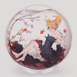 Rule 34 | 1girl, air bubble, animal, barefoot, black dress, branch, bubble, cherry blossoms, dress, feet, fish, fishbowl, flower, from side, full body, goldfish, green eyes, grey background, hair flower, hair ornament, highres, in bowl, in container, sakura trick, short hair, short twintails, simple background, softmode, solo, sonoda yuu, strapless, strapless dress, submerged, twintails, underwater, water, white flower