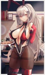 Rule 34 | 1girl, alternate costume, animal ears, areola slip, arm belt, azur lane, bare shoulders, belt, black cat, black pantyhose, book, border, braid, breasts, cat, center opening, christmas, collar, commentary request, commission, cookie, cowboy shot, crown braid, dunkerque (azur lane), elbow gloves, fake animal ears, food, glass, gloves, grey hair, highres, historical name connection, holding, holding plate, indoors, large breasts, leotard, long hair, looking at viewer, mixed-language commentary, name connection, o-ring, o-ring leotard, outside border, paid reward available, pantyhose, photo (object), plate, playboy bunny, purple eyes, rabbit ears, red gloves, red thighhighs, skindentation, solo, standing, thigh belt, thigh strap, thighband pantyhose, thighhighs, thighhighs over pantyhose, thighs, very long hair, white border, yusha m