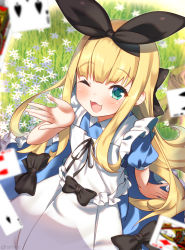 Rule 34 | 1girl, ;3, apron, black bow, blonde hair, blue dress, blush, bow, card, commentary, dress, from above, green eyes, long hair, looking at viewer, mononobe alice, mononobe alice (1st costume), nijisanji, on grass, on ground, one eye closed, open mouth, playing card, sidelocks, solo, supershiruco, tree stump, twitter username, very long hair, virtual youtuber, white apron