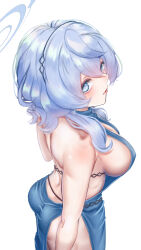 Rule 34 | 1girl, ako (blue archive), ako (dress) (blue archive), ass, backless dress, backless outfit, blue archive, blue dress, blue eyes, blue hair, blue halo, blush, breasts, covered erect nipples, cuffs, dress, hair between eyes, halo, highres, large breasts, looking at viewer, noir (nowaru), official alternate costume, shackles, sideboob, sideless dress, simple background, sleeveless, sleeveless dress, solo, standing, white background