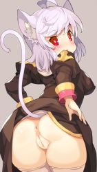 Rule 34 | 1girl, ahoge, animal ear fluff, animal ears, anus, ass, black dress, blush, breasts, cat ears, cat girl, cat tail, cleft of venus, clothes lift, commentary request, cowboy shot, dress, dress lift, grey background, juliet sleeves, lifted by self, light purple hair, long sleeves, looking at viewer, looking back, medium breasts, medium hair, open mouth, priest (ragnarok online), puffy sleeves, pussy, ragnarok online, red eyes, shiny skin, simple background, solo, standing, tail, thighhighs, third-party edit, tsudero, uncensored, white thighhighs