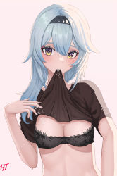 Rule 34 | 1girl, absurdres, black bra, blue hair, bra, breasts, cleavage, clothes in mouth, clothes lift, dripping, drooling, eula (genshin impact), genshin impact, hairband, highres, looking at viewer, medium breasts, mouth hold, saliva, shirt in mouth, shirt lift, solo, sticky, too (totoo), underwear, upper body, wet, wet clothes, yellow eyes