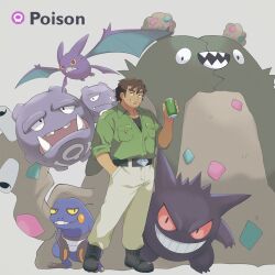 belt black_belt black_footwear black_shirt boots boyfriend_to_death brown_hair can commentary creatures_(company) crobat crossover english_commentary full_body game_freak garbodor gen_1_pokemon gen_2_pokemon gen_4_pokemon gen_5_pokemon gengar green_shirt grey_background grin hand_in_pocket highres holding holding_can mature_male n0vaca1ne nintendo pokemon pokemon_(creature) shirt sideburns smile sparse_stubble strade_(boyfriend_to_death) toxicroak undershirt