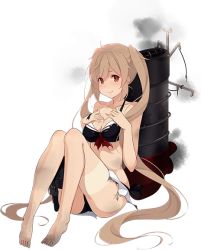 Rule 34 | 10s, 1girl, ball, barefoot, bikini, bikini top only, black bikini, blonde hair, blush, breasts, brown hair, cleavage, full body, kantai collection, kujou ichiso, long hair, looking at viewer, machinery, murasame (kancolle), official art, red eyes, sitting, skirt, smile, solo, swimsuit, tan, tanline, thigh strap, torn bikini, torn clothes, torn skirt, torpedo, transparent background, turret, twintails, very long hair