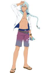 Rule 34 | 1boy, aqua hair, artist request, blue eyes, bottle, braid, commentary, drawstring, english commentary, feet, full body, hair between eyes, highres, holding, holding bottle, long hair, male focus, male swimwear, middle finger, official art, open clothes, open shirt, print male swimwear, print swim trunks, print swimsuit, purple male swimwear, purple swim trunks, solo, swim trunks, swimsuit, tales of (series), tales of asteria, tales of rebirth, toenails, toes, topless male, transparent background, veigue lungberg