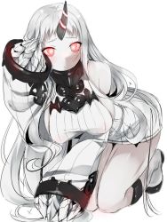 Rule 34 | 10s, 1girl, abyssal ship, adjusting hair, all fours, blush, breasts, claws, colored skin, detached sleeves, dress, glowing, glowing eyes, hanging breasts, horns, kantai collection, kneeling, large breasts, long hair, looking at viewer, nironiro, pink eyes, red eyes, ribbed dress, ribbed sweater, seaport princess, short dress, sideboob, simple background, single horn, sketch, solo, sweater, sweater dress, thighs, very long hair, white background, white hair, white skin