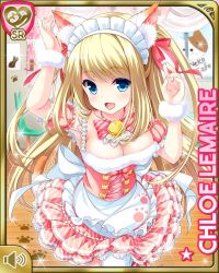 Rule 34 | 1girl, animal ears, blonde hair, blue eyes, bow, cafe, card (medium), cat ears, cat tail, character name, chloe lemaire, dress, fake animal ears, fake animal tail, girlfriend (kari), hat, indoors, long hair, maid headdress, official art, open mouth, qp:flapper, smile, solo, tagme, tail, white background, white bow, white dress, white hat