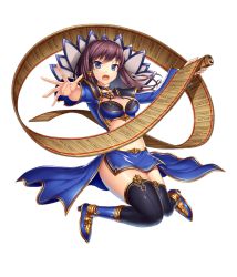 Rule 34 | 1girl, black thighhighs, blue bra, blue eyes, blue footwear, blue skirt, bra, breasts, brown hair, cleavage, floating hair, full body, game cg, hair between eyes, high heels, holding, holding scroll, li dian (tokimeki general girls x), long hair, long sleeves, medium breasts, miniskirt, official art, open mouth, outstretched arm, outstretched hand, scroll, shiny skin, side slit, skirt, solo, thighhighs, tokimeki general girls x, transparent background, underwear