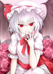 Rule 34 | 1girl, absurdres, amazaki ria, bat wings, blue flower, blue rose, brooch, flower, hat, highres, jewelry, looking at viewer, mob cap, nail polish, petals, pink flower, pink rose, puffy short sleeves, puffy sleeves, purple flower, purple rose, red eyes, red nails, remilia scarlet, ribbon, ring, rose, rose petals, short hair, short sleeves, slit pupils, smile, solo, touhou, wings