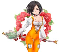 Rule 34 | 1girl, bodysuit, breasts, choker, cleavage, commentary request, cowboy shot, final fantasy, final fantasy ix, flower, garnet til alexandros xvii, gloves, graphite (medium), grey eyes, groin, head tilt, highres, jewelry, lips, looking at viewer, necklace, orange bodysuit, short hair, solo, staff, traditional media, weapon