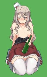 Rule 34 | 10s, 1girl, blush, bottle, breasts, censored nipples, full body, green background, grey eyes, grey hair, hair censor, hat, highres, kantai collection, kei (soundcross), long hair, looking at viewer, navel, parted lips, pola (kancolle), seiza, simple background, sitting, solo, thighhighs, topless, white thighhighs