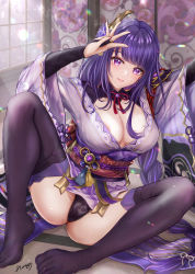 Rule 34 | 1girl, absurdres, areola slip, black panties, blunt bangs, blush, braid, breasts, cameltoe, cleavage, feet, fingerless gloves, genshin impact, gloves, hand up, highres, indoors, japanese clothes, kimono, large breasts, long hair, looking at viewer, low-braided long hair, low-tied long hair, m legs, mole, mole on breast, mole on thigh, nori chazuke, panties, purple eyes, purple hair, purple kimono, purple thighhighs, raiden shogun, screen, smile, solo, spread legs, thighhighs, toes, underwear, wide sleeves, window