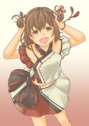 Rule 34 | 1girl, :d, absurdres, adjusting hair, armpits, bracelet, brown eyes, brown hair, chinese clothes, commentary request, detached sleeves, double bun, gradient background, hair between eyes, hair bun, hair ribbon, highres, jewelry, kantai collection, looking at viewer, open mouth, pot-de, ribbon, short hair, sidelocks, simple background, smile, solo, tan yang (kancolle), yukikaze (kancolle)