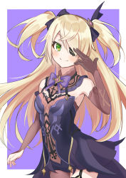 Rule 34 | 1girl, armpit peek, black dress, blonde hair, bow, breasts, detached sleeves, dress, eyepatch, finger to eye, fischl (genshin impact), floating hair, genshin impact, gloves, green eyes, highres, kenjun, long hair, looking at viewer, one eye covered, open hand, purple background, purple bow, simple background, single detached sleeve, single glove, small breasts, smile, solo, two side up