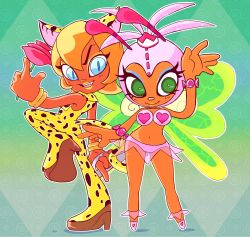 1boy, 1girl, absurdres, animal ears, animal nose, animal print, bangs, bare shoulders, blonde hair, blue eyeliner, blue eyes, blush, bracelet, breasts, brown footwear, butterfly wings, closed mouth, crown, dancer, dark-skinned female, dark-skinned male, eyeliner, fang, flower, from side, full body, gradient, gradient background, green background, green eyes, green wings, hand up, happy, heart, high heels, highres, holding, holding flower, holding instrument, hood, hood up, instrument, jaguar boy, jaguar ears, jaguar tail, jewelry, jumpsuit, leg up, leopard print, light blush, linda (samba de amigo), lipstick, looking at viewer, makeup, medium breasts, mini crown, navel, open mouth, outline, panties, pink footwear, pink panties, red flower, red rose, rio (samba de amigo), rose, samba de amigo, see-through, shoes, short hair, sidelocks, sleeveless jumpsuit, slit pupils, smile, standing, standing on one leg, stellarspin, stomach, tail, teeth, trumpet, underwear, white headwear, white outline, wings, yellow eyeliner, yellow jumpsuit, yellow lips
