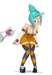 Rule 34 | 1girl, aqua hair, aqua lips, artist request, black eyes, blue hair, boots, breasts, cerebella (skullgirls), cleavage, controller, dark-skinned female, dark skin, detached sleeves, dildo, dress, eyeshadow, facial mark, female focus, gloves, green nails, highres, knees together feet apart, leaning forward, lipstick, makeup, nail polish, orange dress, pointy footwear, ponytail, pussy juice, remote control, remote control vibrator, sex toy, shoes, short dress, short hair, simple background, skullgirls, solo, source request, strapless, strapless dress, thigh boots, thighhighs, trembling, vibrator, white gloves