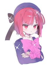 Rule 34 | 1girl, arima kana, beret, black ribbon, blue hat, blue jacket, bow, closed mouth, commentary, crossed arms, hat, highres, hiro 0607, jacket, oshi no ko, pink bow, red eyes, red hair, ribbon, school uniform, short hair, simple background, solo
