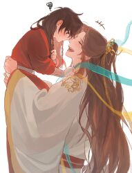 Rule 34 | 2boys, absurdres, bishounen, black hair, blush, braid, brown hair, carrying, carrying person, child, chinese clothes, hair ornament, hambi, highres, hua cheng, jewelry, laughing, long hair, male focus, multiple boys, open mouth, red robe, robe, simple background, tears, tianguan cifu, white background, white robe, xie lian