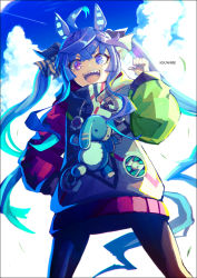 Rule 34 | 1girl, animal ears, blue eyes, blue hair, blue sky, buttons, cloud, commentary request, contrail, cowboy shot, ear covers, green hoodie, heterochromia, hood, hoodie, horse ears, horse girl, k-suwabe, leaf, long hair, long sleeves, multicolored clothes, multicolored hoodie, open mouth, outdoors, pantyhose, pointing, pointing at self, purple eyes, red hoodie, sharp teeth, sidelocks, sky, smile, solo, stuffed animal, stuffed rabbit, stuffed toy, teeth, thumbs up, tongue, twin turbo (umamusume), twintails, umamusume, upper teeth only