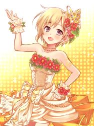 Rule 34 | 1girl, :d, aiba yumi, armlet, bare shoulders, blonde hair, blush, breasts, butterfly hair ornament, cleavage, collarbone, cowboy shot, dress, earrings, flower, flower earrings, glint, hair flower, hair ornament, highres, idolmaster, idolmaster cinderella girls, idolmaster cinderella girls starlight stage, jewelry, leaf, looking at viewer, medium breasts, mugi (user khzh5853), necklace, open mouth, pink eyes, pink flower, red flower, short hair, smile, solo, sparkle, strapless, strapless dress, white dress, white flower