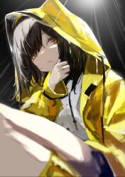 Rule 34 | 1girl, black hair, black shorts, blurry, blurry foreground, boots, brown eyes, closed mouth, depth of field, feet out of frame, hair over one eye, hand up, highres, hood, hood down, hood up, hooded jacket, hoodie, jacket, long sleeves, mayogii, original, puffy long sleeves, puffy sleeves, rain, raincoat, rubber boots, short shorts, shorts, sleeves past wrists, solo, white hoodie, yellow footwear, yellow jacket
