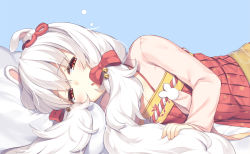 Rule 34 | 1girl, :o, animal ears, azur lane, bed sheet, bell, blue background, bow, breasts, cleavage, commentary request, dress, hair bell, hair between eyes, hair bow, hair ornament, half-closed eyes, highres, jingle bell, laffey (azur lane), laffey (white rabbit welcomes the spring) (azur lane), long hair, long sleeves, lying, olive (laai), on side, parted lips, pillow, pleated dress, rabbit ears, red bow, red dress, red eyes, silver hair, small breasts, solo, upper body