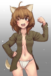 Rule 34 | 1girl, ahoge, animal ears, blush, breasts, brown eyes, brown hair, dog ears, dog tail, fundoshi, gluteal fold, grey background, groin, hand on own hip, highres, inufusa yuno, japanese clothes, liar lawyer, looking at viewer, midriff, military, military uniform, navel, one eye closed, open clothes, open mouth, open shirt, shirt, short hair, simple background, sketch, smile, solo, strike witches, tail, uniform, world witches series