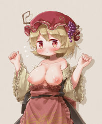 Rule 34 | 1girl, aki minoriko, apron, arinu, beige background, blonde hair, breasts, cleavage, collarbone, commentary request, flying sweatdrops, food, food-themed hair ornament, fruit, grape hair ornament, grapes, hair ornament, half-closed eyes, hat, highres, looking at viewer, medium breasts, mob cap, nipples, red apron, red eyes, red hat, shirt down, short hair, simple background, solo, touhou, wide sleeves