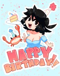 Rule 34 | 1girl, absurdres, bare shoulders, black eyes, black hair, blue dress, blush, breasts, cake, cake slice, candle, cleavage, collarbone, crab, dress, food, happy birthday, hat, highres, long hair, looking at viewer, lucia (scott malin), medium breasts, off-shoulder dress, off shoulder, open mouth, original, party hat, rumblyf, short hair, short sleeves, simple background, smile, v