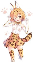 Rule 34 | 10s, 1girl, ;d, animal ears, belt, blonde hair, blush, bow, bowtie, elbow gloves, gloves, high-waist skirt, highres, kemono friends, looking at viewer, multicolored clothes, multicolored gloves, one eye closed, open mouth, paw pose, paw print, print bow, print bowtie, print gloves, print neckwear, print skirt, print thighhighs, serval (kemono friends), serval print, shiero., shirt, skirt, sleeveless, sleeveless shirt, smile, solo, thighhighs, white gloves, yellow bow, yellow bowtie, yellow gloves, yellow thighhighs, zettai ryouiki