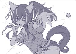 Rule 34 | 1girl, animal ears, belt, border, breasts, cutoffs, daitaku helios (umamusume), ear covers, fang, greyscale, hair ornament, hairclip, hand up, highres, horse ears, horse girl, horse tail, jewelry, long hair, looking at viewer, monochrome, motion lines, multicolored hair, necklace, notice lines, one eye closed, open mouth, outstretched arm, reaching, reaching towards viewer, shiro3necro, shirt, short shorts, short sleeves, shorts, side ponytail, skin fang, small breasts, smile, solo, star (symbol), streaked hair, tail, tied shirt, umamusume, v, w, wristband