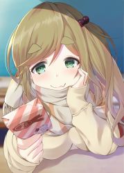 Rule 34 | 1girl, absurdres, box, breasts, fang, file112056, gift, gift box, green eyes, hair bobbles, hair ornament, highres, holding, holding box, inuyama aoi, large breasts, looking at viewer, scarf, skin fang, solo, thick eyebrows, yurucamp