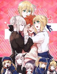Rule 34 | 1boy, 6+girls, ahoge, artoria caster (fate), artoria caster (second ascension) (fate), artoria pendragon (all), artoria pendragon (fate), artoria pendragon (lancer) (fate), artoria pendragon (lancer alter) (fate), baseball cap, belt, black camisole, blonde hair, blouse, blue belt, blue cape, blue capelet, blue headwear, blue jacket, blue scarf, blush, braid, breasts, camisole, cape, capelet, coat, dark persona, dress, duffel coat, emiya shirou, fate/grand order, fate/hollow ataraxia, fate/stay night, fate/unlimited codes, fate (series), french braid, girl sandwich, glasses, gothic lolita, green eyes, hair between eyes, hair ribbon, hair through headwear, harem, hat, highres, horns, jacket, large breasts, lolita fashion, long hair, long sleeves, medium breasts, multiple girls, mysterious heroine x (fate), mysterious heroine x alter (fate), mysterious heroine x alter (first ascension) (fate), open clothes, open coat, open jacket, orange hair, plaid, plaid scarf, platinum blonde hair, ponytail, raglan sleeves, ribbon, saber (fate), saber alter, saber lily, sandwiched, scarf, scarf over mouth, shirt, short hair, sidelocks, skirt, striped belt, swept bangs, track jacket, underboob, white shirt, yamano udumi, yellow eyes