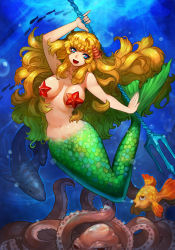 Rule 34 | 1girl, :d, big hair, blonde hair, blue eyes, breasts, brown hair, dolphin, fish, floating hair, full body, gurimjang, hair ornament, heart, heart-shaped pupils, holding, holding weapon, large breasts, long hair, mermaid, monster girl, navel, octopus, open mouth, original, pasties, polearm, scales, seashell, shell, smile, solo, star pasties, starfish, symbol-shaped pupils, tentacles, trident, underwater, very long hair, weapon