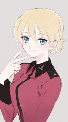 Rule 34 | 1girl, blonde hair, blue eyes, braid, closed mouth, commentary, darjeeling (girls und panzer), girls und panzer, highres, insignia, jacket, long sleeves, looking at viewer, military, military uniform, ponpokozaemon, red jacket, short hair, simple background, smile, solo, st. gloriana&#039;s military uniform, twin braids, uniform, upper body, v