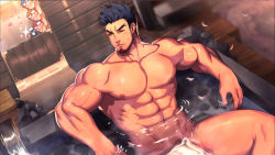 Rule 34 | 4boys, abs, bara, beard, black hair, cherry blossoms, completely nude, convenient censoring, facial hair, full body, gyee, heart, heart-shaped pupils, highres, lan (gyee), large pectorals, light blush, lvlv, male focus, multiple boys, muscular, muscular male, navel, nipples, nude, official art, official wallpaper, one eye closed, onsen, pectorals, peeking out, petals, short hair, spiked hair, steam, stomach, symbol-shaped pupils, taking picture, thick thighs, thighs, wet, yaoi