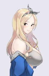 Rule 34 | 1girl, bare shoulders, blonde hair, blush, bra, breasts, brown eyes, from side, grey bra, hairband, highres, jacket, jacket partially removed, johwa (1n33dyour1ov3), large breasts, long hair, looking at viewer, lookism, mary kim, original, parted bangs, smile, taking off, underwear