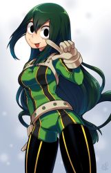 Rule 34 | 10s, 1girl, asui tsuyu, belt, black eyes, bodysuit, boku no hero academia, breasts, cowboy shot, facing viewer, frog girl, gloves, green hair, hand up, happy, index finger raised, long hair, looking at viewer, low-tied long hair, skin tight, smile, solo, standing, tongue, tongue out, very long hair