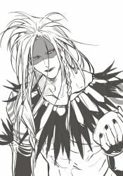 Rule 34 | 1boy, arm tattoo, aztec, black lips, black nails, blonde hair, braid, facepaint, fate/grand order, fate (series), hair between eyes, hair ornament, headdress, highres, holding, holding rock, jewelry, long hair, male focus, messy hair, monochrome, necklace, rock, shoulder tattoo, simple background, skull, skull hair ornament, solo, tattoo, tezcatlipoca (fate), tezcatlipoca (third ascension) (fate), traditional clothes, twin braids, upper body, washblackmud, white background