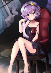 Rule 34 | 1girl, alternate costume, bare arms, bare legs, bare shoulders, barefoot, black dress, black hairband, bloomers, blush, chair, closed mouth, collarbone, commentary request, dress, drying, drying clothes, hairband, hand up, head tilt, heart, highres, holding, holding socks, komeiji satori, looking at viewer, purple eyes, purple hair, satobitob, short hair, sitting, solo, spaghetti strap, strap slip, sweatdrop, third eye, touhou, twitter username, underwear, water, water drop, wet, wet clothes, wooden floor