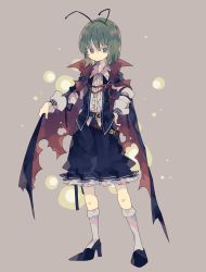 Rule 34 | 1girl, adapted costume, antennae, belt, black belt, black cape, black footwear, black shorts, black vest, brown background, cape, closed mouth, collared shirt, commentary, full body, green eyes, green hair, hair between eyes, high heels, highres, kneehighs, long sleeves, multicolored clothes, nikorashi-ka, red cape, shirt, short hair, shorts, simple background, socks, solo, symbol-only commentary, torn cape, torn clothes, touhou, two-sided cape, two-sided fabric, vest, white shirt, white socks, wriggle nightbug