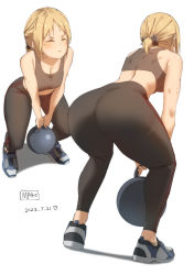 Rule 34 | 1girl, ass, bare arms, black sports bra, blonde hair, breasts, cleavage, closed eyes, closed mouth, commission, dated, exercising, girls&#039; frontline, highres, leggings, medium breasts, mp40 (girls&#039; frontline), multiple views, pixiv commission, shoes, short ponytail, simple background, sneakers, sports bra, standing, sweat, triangle bullet, weightlifting, white background