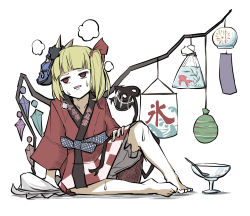 Rule 34 | 1girl, alternate costume, arm support, barefoot, blonde hair, bloomers, blue sash, blunt bangs, bowl, checkered clothes, checkered kimono, facing viewer, fish, flandre scarlet, full body, glass bowl, hat, highres, japanese clothes, kimono, laevatein (touhou), mask, mask on head, medium hair, mob cap, no nose, peroponesosu., plaid sash, red eyes, red kimono, sash, side ponytail, simple background, sitting, solo, spoon, sweat, touhou, underwear, unworn hat, unworn headwear, white background, wind chime, wings
