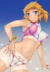 Rule 34 | 1girl, absurdres, bare shoulders, bikini, blue background, blue eyes, blush, bracelet, breasts, brown hair, cameltoe, closed mouth, covered erect nipples, gluteal fold, groin, gundam, gundam build fighters, gundam build fighters try, hair ornament, hair scrunchie, heart, heart tattoo, highres, hoshino fumina, impossible clothes, impossible swimsuit, jewelry, looking at viewer, looking down, medium breasts, navel, niko (tama), pink bikini, ponytail, pubic tattoo, scrunchie, short ponytail, smile, solo, swimsuit, tan, tattoo, two-tone bikini, unaligned breasts, water drop, wet, white bikini