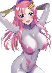 Rule 34 | 1girl, absurdres, blue eyes, blush, bodysuit, bracket, breasts, gucchimax, gundam, gundam seed, gundam seed freedom, hair ornament, highres, lacus clyne, large breasts, long hair, looking at viewer, open mouth, pilot suit, pink hair, skin tight, smile, solo